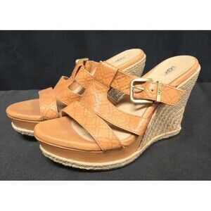 Ugg Hedy Embossed Leather Espadrille Wedge Sandals Tan Brown Size 8